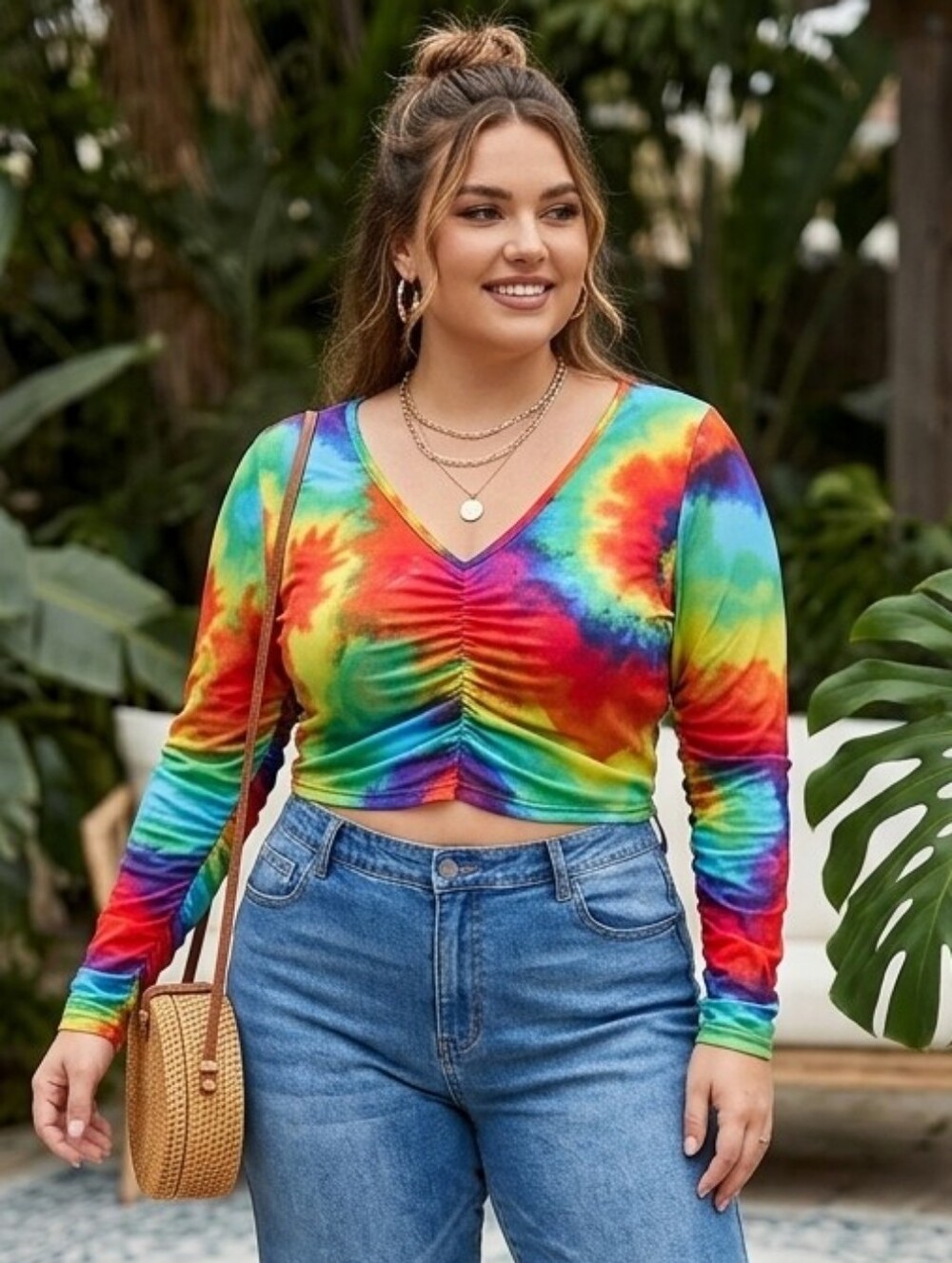 Tie-Dye Ruched V-Neck Long Sleeve Crop Top - Rainbow L/M